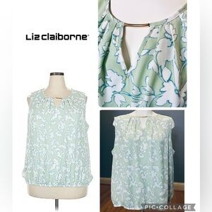Liz Claiborne Mint Green Floral Sleeveless Pleated Keyhole Neckline Top XL EUC